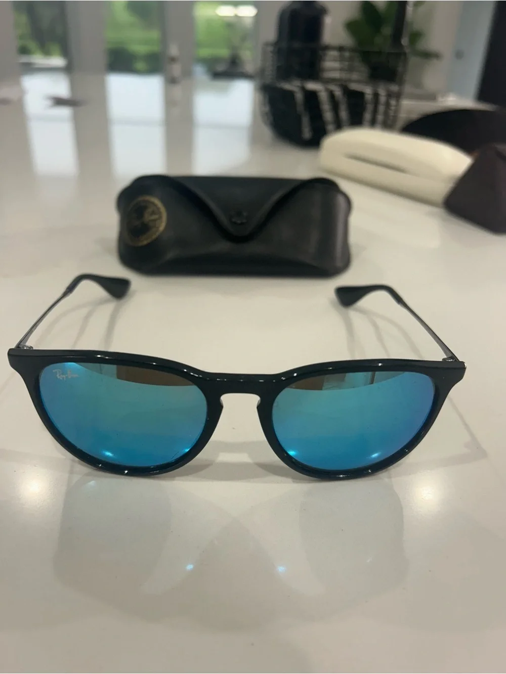 Ray-Ban Black Frame Sunglasses with Blue Mirror Lenses